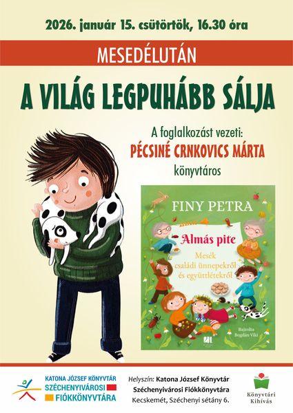 2026. január 15. csütörtök, 16.30 óra. Mesedélután. A világ legpuhább sálja. A foglalkozást vezeti: Pécsiné Crnkovics Márta könyvtáros. Könyvtári kihívás