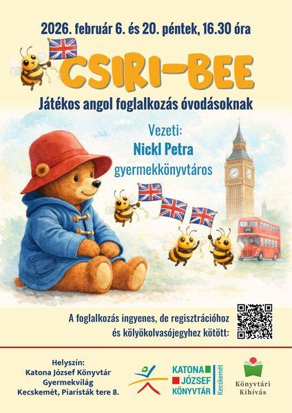 2026. február 6. és 20. péntek, 16.30 óra. Csiri-bee. Játékos angol foglalkozás óvodásoknak. Vezeti: Nickl Petra gyermekkönyvtáros. A foglalkozás ingyenes, de regisztrációhoz és kölyökolvasójegyhez kötött. Könyvtári kihívás