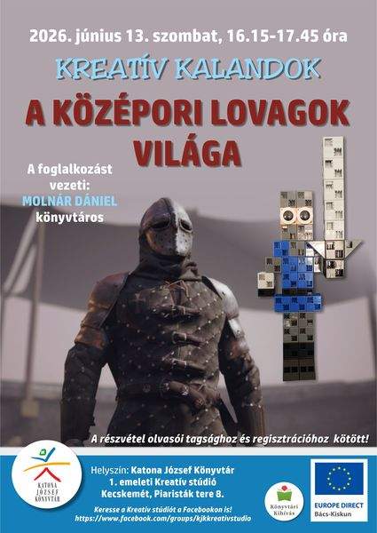 2026. május 2. szombat, 16.15-17.45 óra Kreatív kalandok. Járművek földön, vízben és levegőben. Robotépítés és VR-élmények. Robotépítés és VR-élmények A foglalkozást vezeti: Molnár Dániel könyvtáros A részvétel olvasói tagsághoz és regisztrációhoz kötött! Helyszín: 1. emeleti Kreatív stúdió. Keresse a Kreatív stúdiót a Facebookon is! https://www.facebook.com/groups/kjkkreativstudio. Könyvtári kihívás