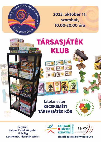 Országos Könyvtári Napok. 2025. október 11. szoombat, 10.00-20.00 óra. Társasjáték klub. Játékmester: Kecskeméti Társasjáték Kör