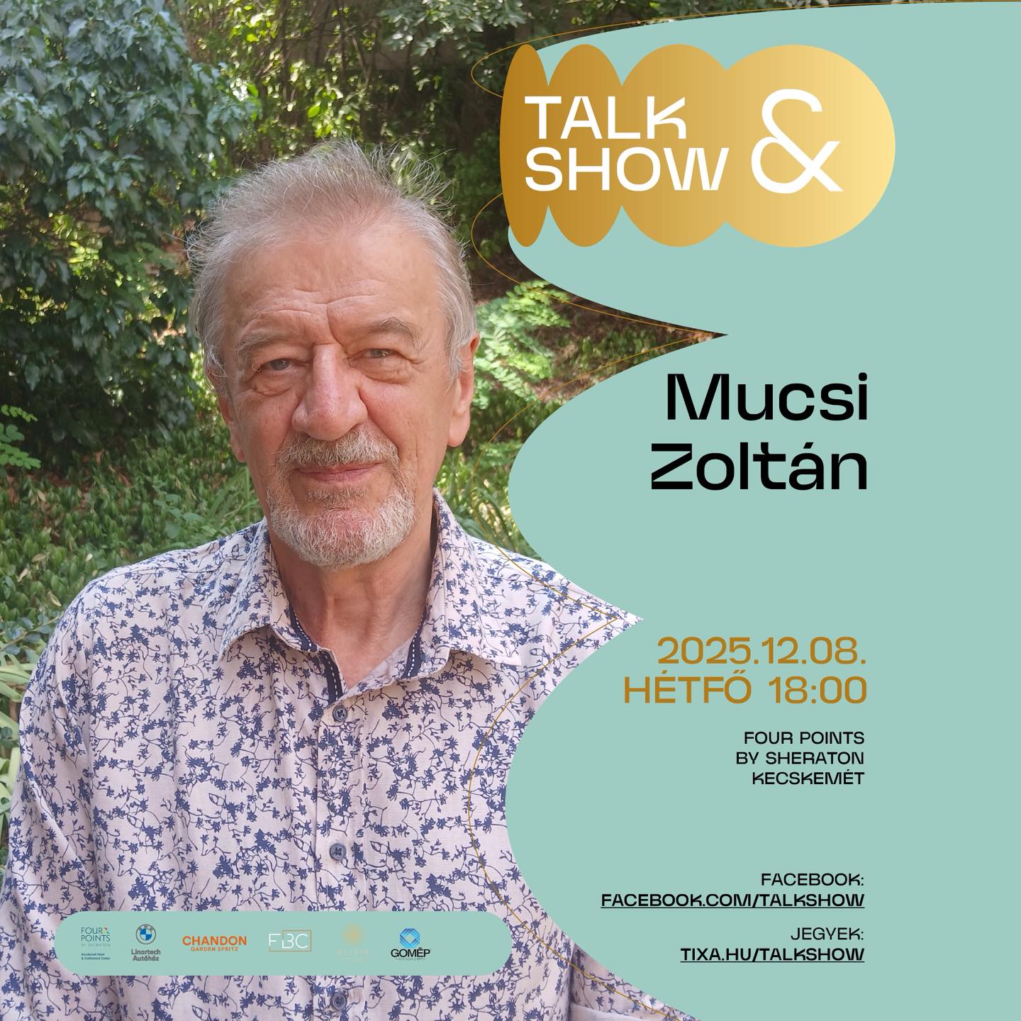 Mucsi Zoltán Jászai Mari-díjas magyar színész, érdemes művész, a Halhatatlanok Társulatának örökös tagja lesz a Talk Show első vendége idén ősszel. Szinte biztos, hogy mindenki látta már élete során legalább egy reklámfilmben, kisvideóban, vagy színházi darabban. 2025. december 8-án Kecskeméten mesél majd életéről, munkáiról, pályájáról, humorról, káromkodásról.