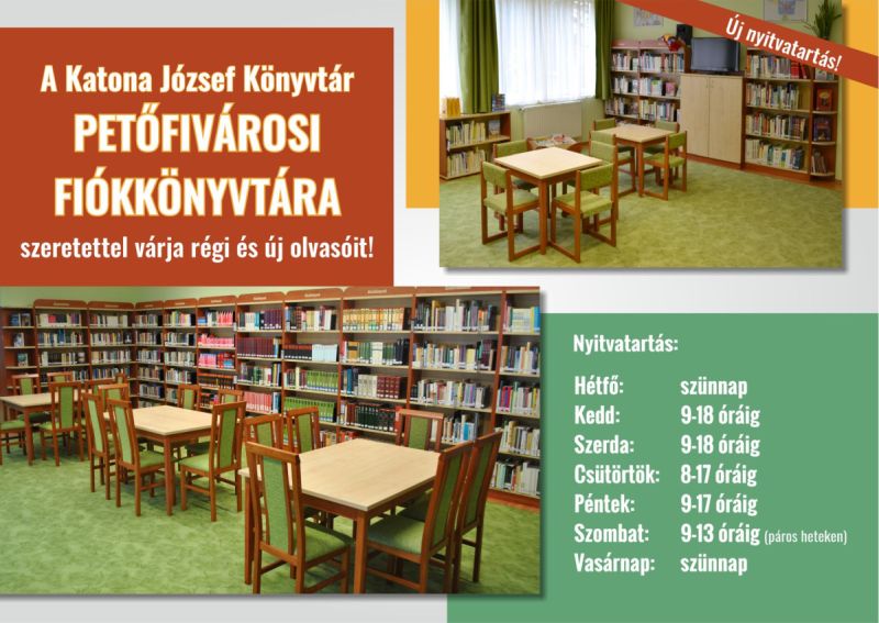 Petőfivárosi Fiókkönyvtár új nyitvatartása