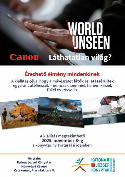 Canon World Unseen. Láthatatlan világ? Érezhető élmények mindenkinek. A kiállítás célja, hogy a művészetet látók és látássérültek egyaránt átélhessék - nemcsak szemmel, hanem kézzel, füllel és szívvel is. A kiállítás megtekinthető 2025. november 8-ig a könyvtár nyitvatartási idejében. Helyszín: Könyvtári Kávézó.