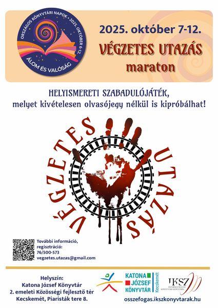 Országos Könyvtári Napok. 2025. október 7-12. Végzetes utazás maraton. Helyismereti szabadulójáték, melyet kivételesen olvasójegy nélkül is kipróbálhat! További információ, regisztráció: 76/500-573. vegzetes.utazas@gmail.com