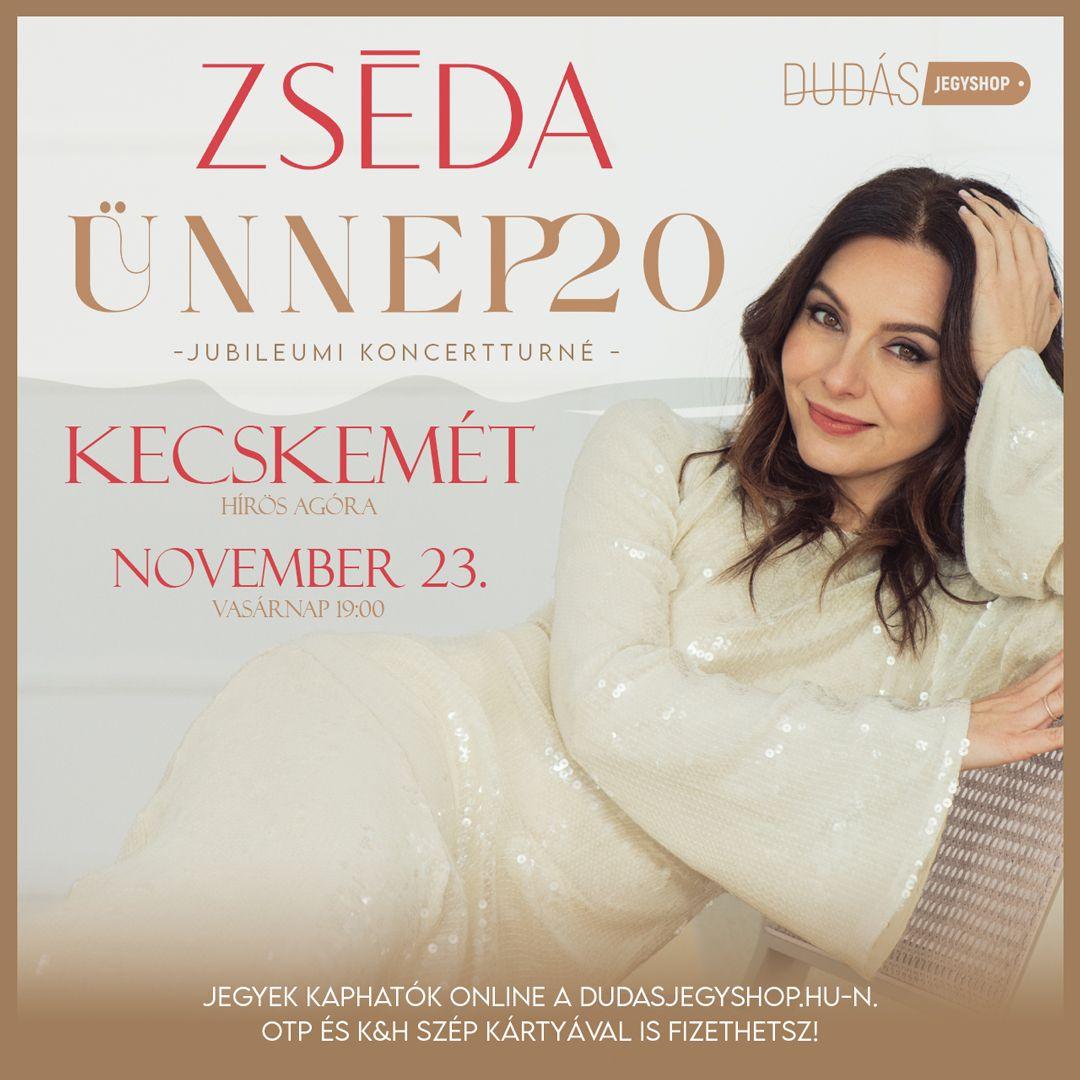JUBILEUMI ÜNNEPI KONCERT Két évtized telt el azóta, hogy Zséda Ünnep című albuma először meghódította a szíveket – és azóta minden évben az ünnep elhagyhatatlan kellékeként van jelen. 2025 decemberében az album 20 éves jubileuma alkalmából Zséda országos koncertturnéra indul, hogy közösen idézzük fel a legszebb pillanatokat, a meghitt estéket, a csillogó fényeket, az ünnep varázsát.- és persze, hogy új közös pillanatokat teremtve tovább írjuk a mesét. Az est folyamán felcsendülnek a lemez legemlékezetesebb dalai: – a mindenki szívét megérintő Karácsony, A kis gyufaáruslány történetével, – a szívet melengető Téged, a legszerelmesebb karácsonyi dal, – az ikonikus Ha egy csillag sem ég, amely a remény és a szeretet erejéről szól, – és a lírai Túl a fények városán, amely azoknak állít emléket, akikkel már csak a szívünkben ünnepelhetünk. És persze nincs Zséda karácsonyi koncert a Szürkepatás nélkül, aki Rudolf méltó kihívójaként a karácsonyi mesevilág kapuját tárja ki kicsik és nagyok előtt egyaránt. Nem mellesleg előkelő helyet foglal el a legtöbbet letöltött karácsonyi dalok top listáján is. Az Ünnep’20 turné nem csupán egy koncert – sokkal inkább az ünnep esszenciája emlékek, vágyak, csillagfény és mese, varázslat és szeretet. Egy este, ahol újra megérezzük, mit jelent igazán az ünnep. Találkozzunk, és ünnepeljünk együtt – a dalokon keresztül, szívből, lélekből. Az előadás hossza: 90 perc, szünet nélkül