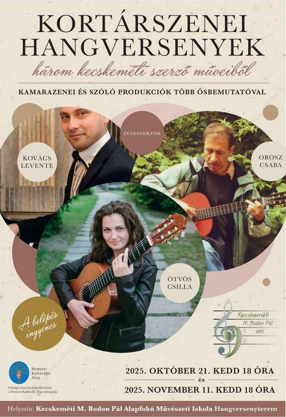 Kortárszenei hangversenyek három kecskeméti szerző műveiből Kamarazenei és szóló produkciók több ősbemutatóval zeneszerzők: Kovács Levente Ötvös Csilla Orosz Csaba Helyszín: Kecskeméti M.Bodon Pál Alapfokú Művészeti Iskola Hangversenyterem
